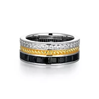 18K Yellow Gold and Rhodium Plated Sterling Silver Two-tone Men's Genuine Black Sapphire Created White Ring