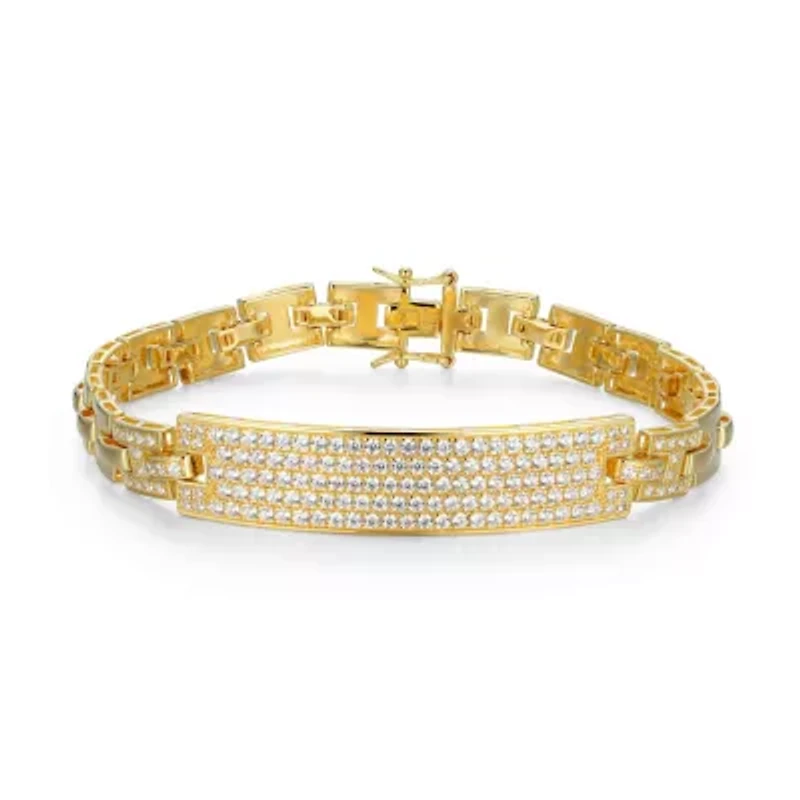 18K Yellow Gold or Rhodium Plated Sterling Silver Men's Cubic Zirconia Bracelet