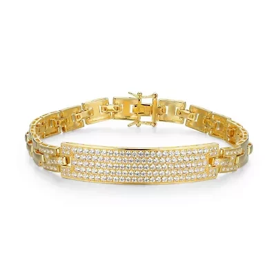 18K Yellow Gold or Rhodium Plated Sterling Silver Men's Cubic Zirconia Bracelet