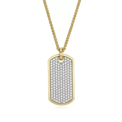 18K Yellow Gold or Rhodium Plated Sterling Silver Men's Cubic Zirconia Dog Tag Pendant Necklace
