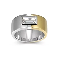 18K Yellow Gold and Rhodium Plated Sterling Silver Two-tone Men's Created White Sapphire Ring
