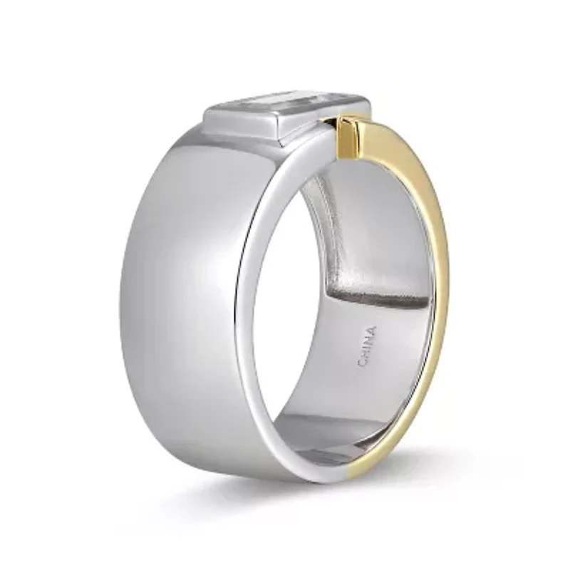 18K Yellow Gold and Rhodium Plated Sterling Silver Two-tone Men's Created White Sapphire Ring
