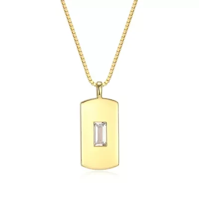 18K Yellow Gold or Rhodium Plated Sterling Silver Men's Cubic Zirconia Dog Tag Pendant Necklace