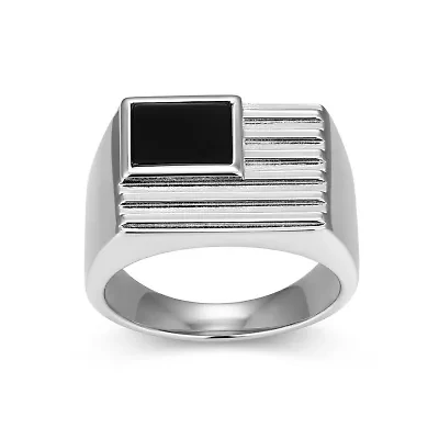 Rhodium Plated Sterling Silver Men's Genuine Black Onyx Flag Ring