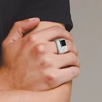 Rhodium Plated Sterling Silver Men's Genuine Black Onyx Flag Ring