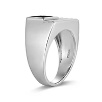 Rhodium Plated Sterling Silver Men's Genuine Black Onyx Flag Ring
