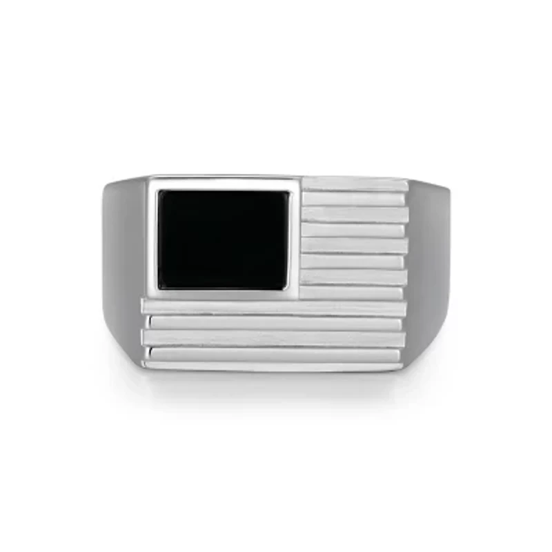 Rhodium Plated Sterling Silver Men's Genuine Black Onyx Flag Ring
