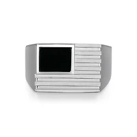 Rhodium Plated Sterling Silver Men's Genuine Black Onyx Flag Ring