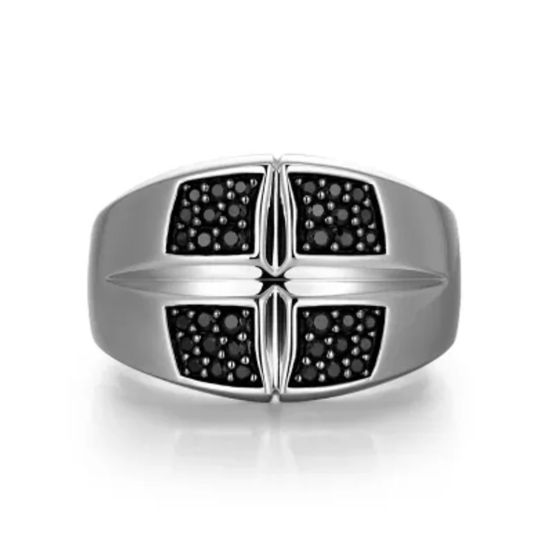 Rhodium and Gunmetal Plated Sterling Silver Men's Genuine Black Sapphire Ring