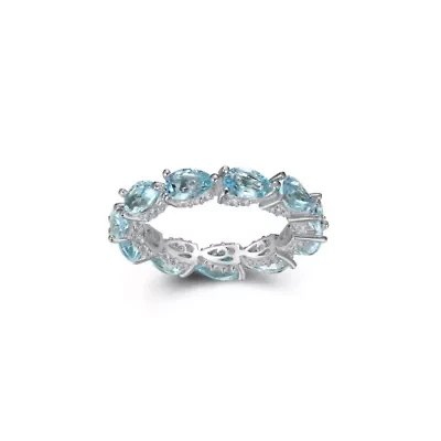 Rhodium Plated Sterling Silver Women's Genuine Blue Topaz and Created White Sapphire Eternity Ring