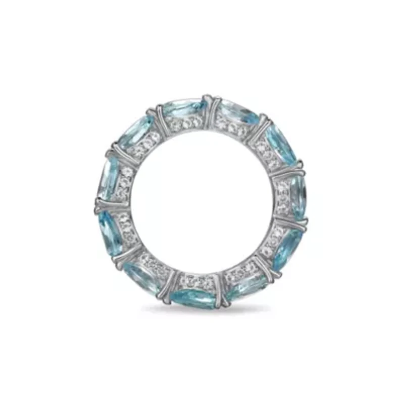 Rhodium Plated Sterling Silver Women's Genuine Blue Topaz and Created White Sapphire Eternity Ring