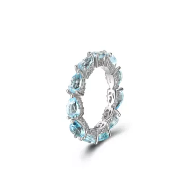 Rhodium Plated Sterling Silver Women's Genuine Blue Topaz and Created White Sapphire Eternity Ring