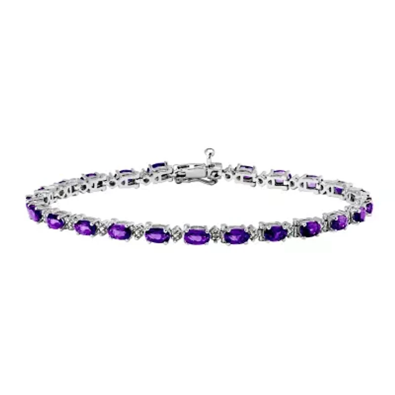 Rhodium Plated Sterling Silver Women's Genuine Birthstone with Diamond Accent Tennis Bracelet