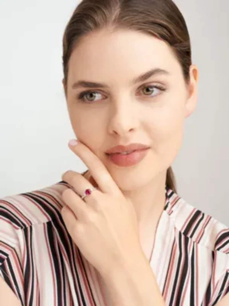Rhodium Plated Sterling Silver Women's Created Blue Sapphire or Ruby and Lab Grown Diamond Ring