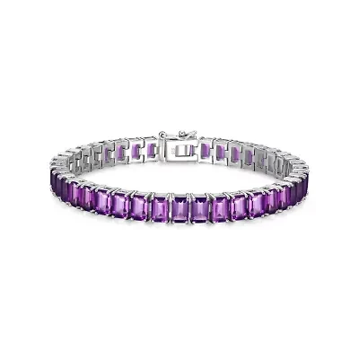 Rhodium Plated Sterling Silver Women's Genuine Gemstone Tennis Bracelet
