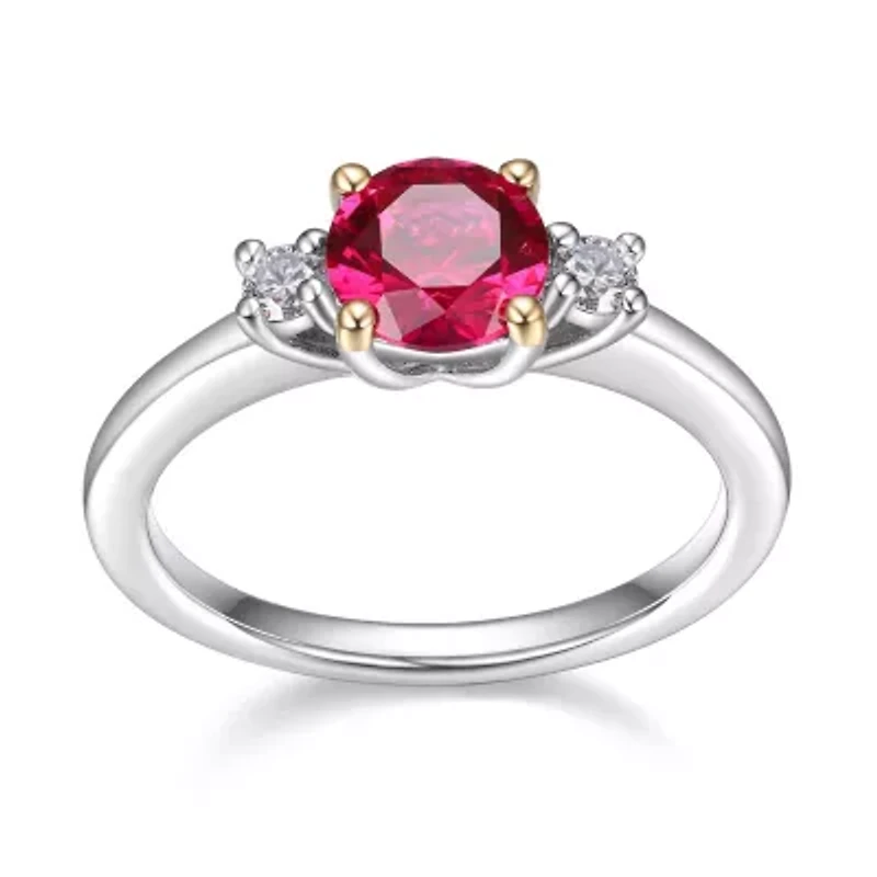 Rhodium Plated Sterling Silver Women's Created Blue Sapphire or Ruby and Lab Grown Diamond Ring