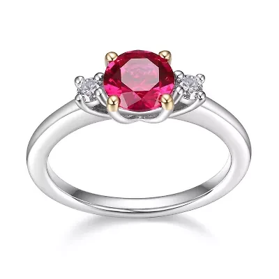 Rhodium Plated Sterling Silver Women's Created Blue Sapphire or Ruby and Lab Grown Diamond Ring