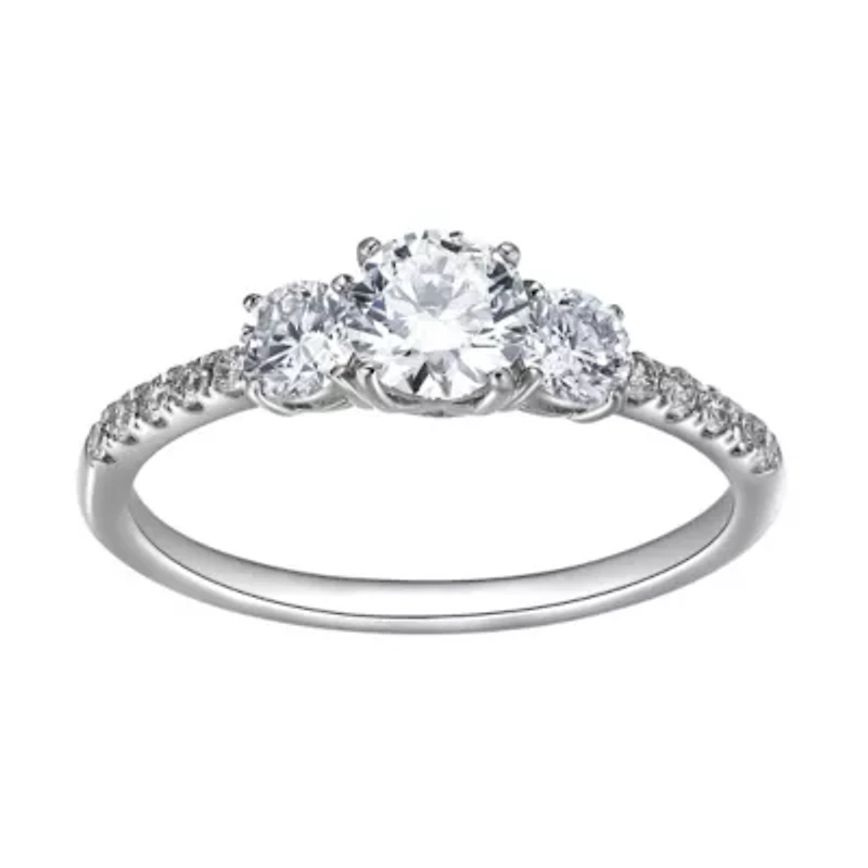 1 CT TW Lab Grown Diamond Three Stone Ring Rhodium Plated Sterling Silver