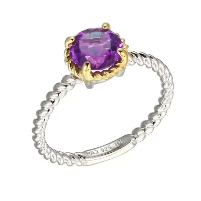 Genuine Amethyst Ring Rhodium Plated Sterling Silver and 10K Gold