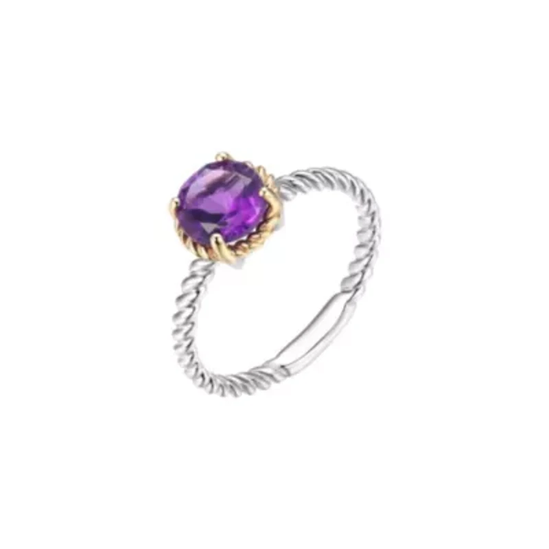 Genuine Amethyst Ring Rhodium Plated Sterling Silver and 10K Gold