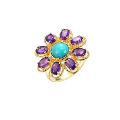 Genuine Amethyst and Turquoise Flower Ring 18K Gold Plated Sterling Silver