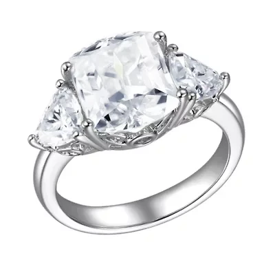 Rhodium Plated Sterling Silver Cushion Cut Moissanite Ring