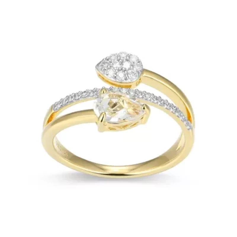 18k Gold Plated Silver 1/5 CTTW Lab Grown Diamond & Birthstone Gemstone Pear Bypass Ring