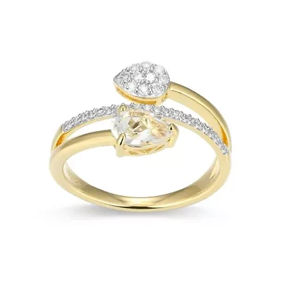 18k Gold Plated Silver 1/5 CTTW Lab Grown Diamond & Birthstone Gemstone Pear Bypass Ring