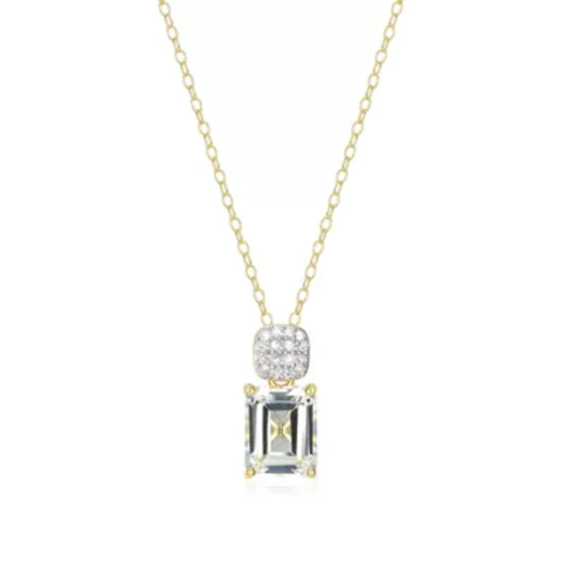 18k Gold Plated Silver 1/10 CTTW Lab Grown Diamond & Birthstone Gemstone Emerald Cut Pendant Necklace