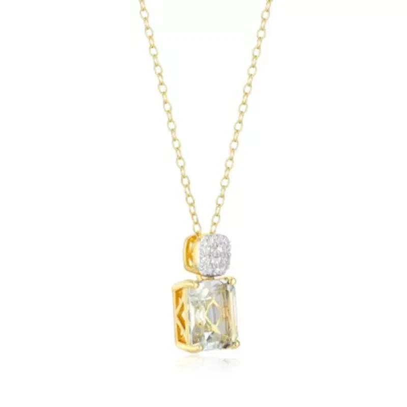 18k Gold Plated Silver 1/10 CTTW Lab Grown Diamond & Birthstone Gemstone Emerald Cut Pendant Necklace