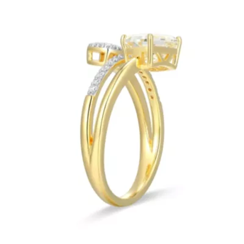 18k Gold Plated Silver 1/5 CTTW Lab-Grown Diamond & Birthstone Gemstone Emerald Cut Bypass Ring