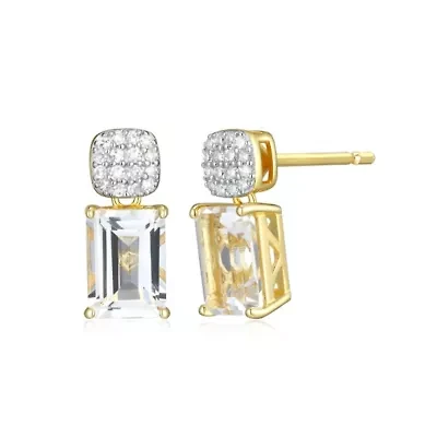 18k Gold Plated Silver 1/10 CTTW Lab Grown Diamond & Birthstone Gemstone Emerald Cut Earrings