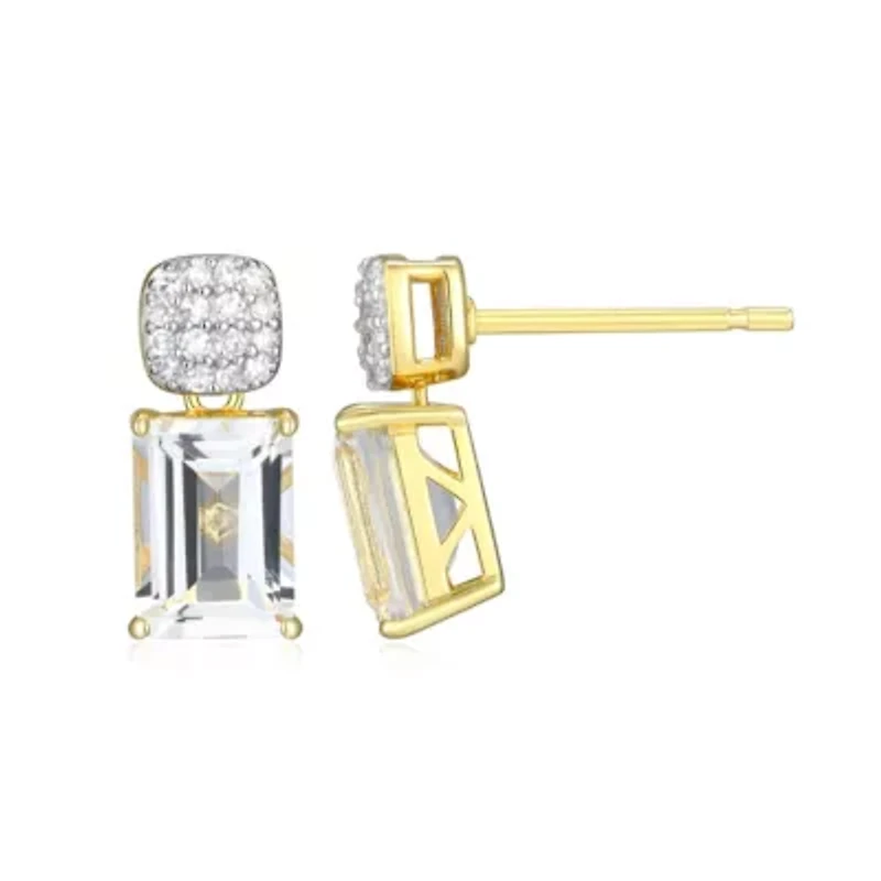18k Gold Plated Silver 1/10 CTTW Lab Grown Diamond & Birthstone Gemstone Emerald Cut Earrings