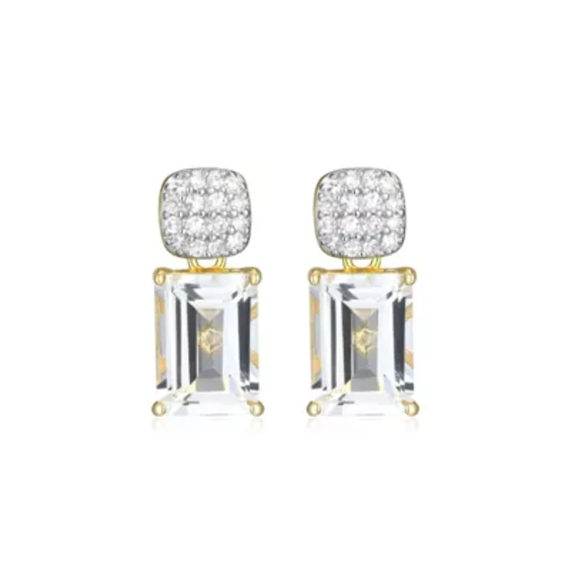 18k Gold Plated Silver 1/10 CTTW Lab Grown Diamond & Birthstone Gemstone Emerald Cut Earrings