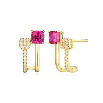 18K Yellow Gold Plated Sterling Silver Women's Created Gemstone and 1/10 CTTW Lab Grown Diamond Accent J-Hoop Earrings