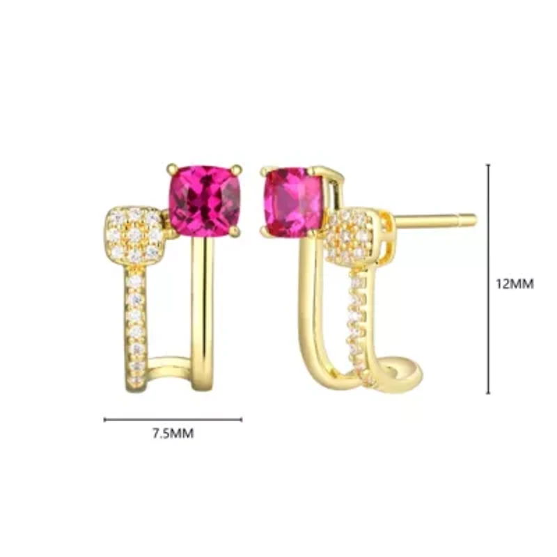 18K Yellow Gold Plated Sterling Silver Women's Created Gemstone and 1/10 CTTW Lab Grown Diamond Accent J-Hoop Earrings