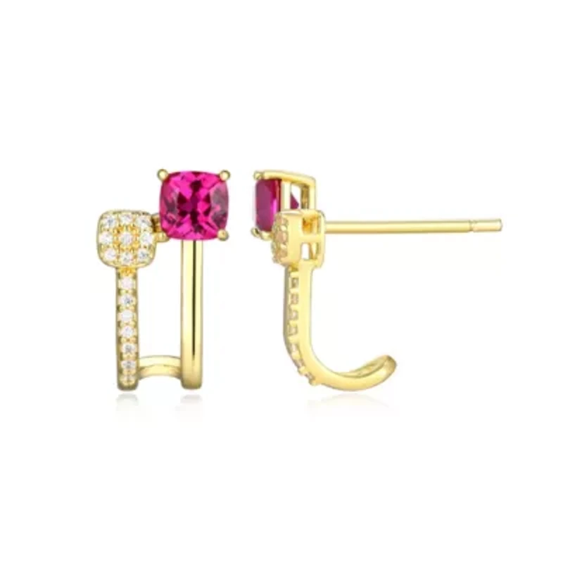 18K Yellow Gold Plated Sterling Silver Women's Created Gemstone and 1/10 CTTW Lab Grown Diamond Accent J-Hoop Earrings