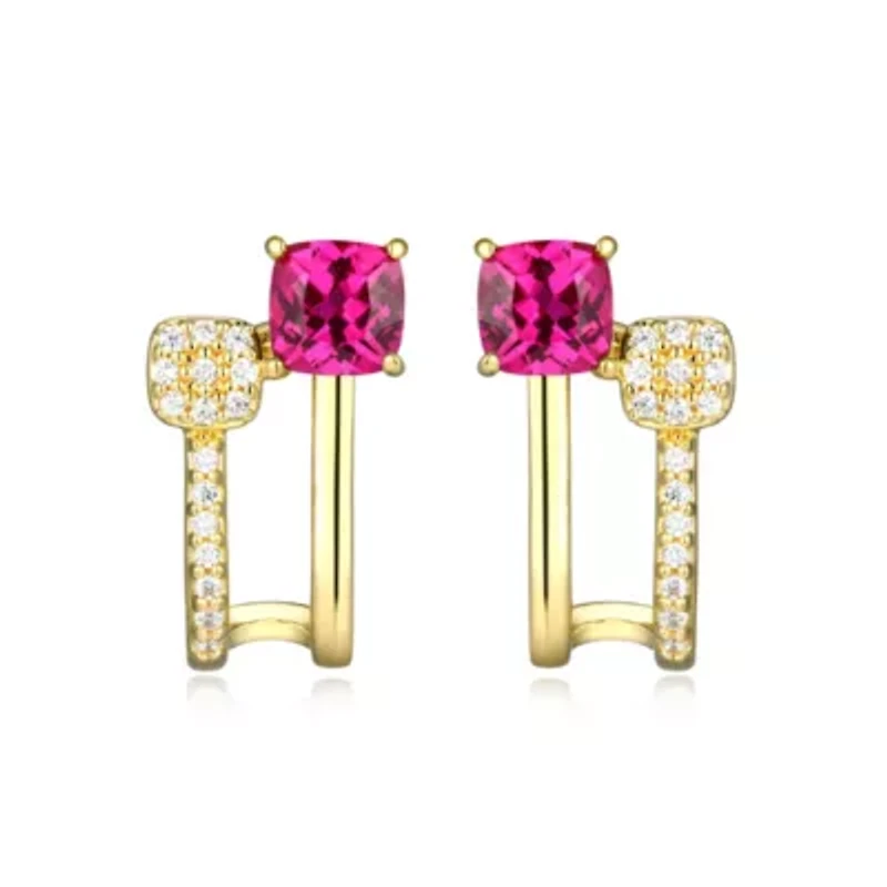 18K Yellow Gold Plated Sterling Silver Women's Created Gemstone and 1/10 CTTW Lab Grown Diamond Accent J-Hoop Earrings