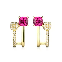 18K Yellow Gold Plated Sterling Silver Women's Created Gemstone and 1/10 CTTW Lab Grown Diamond Accent J-Hoop Earrings
