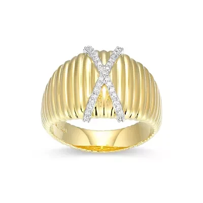 18K Yellow Gold Plated Sterling Silver Women's 1/8 CTTW Lab Grown Diamond X Design Dome Ring