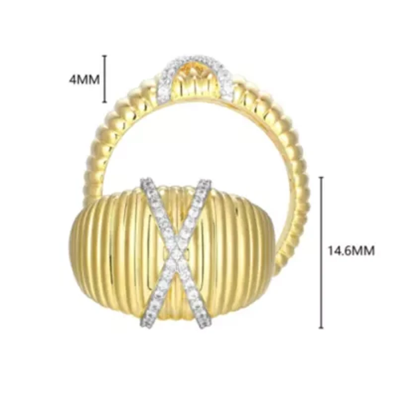 18K Yellow Gold Plated Sterling Silver Women's 1/8 CTTW Lab Grown Diamond X Design Dome Ring