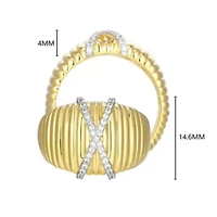 18K Yellow Gold Plated Sterling Silver Women's 1/8 CTTW Lab Grown Diamond X Design Dome Ring