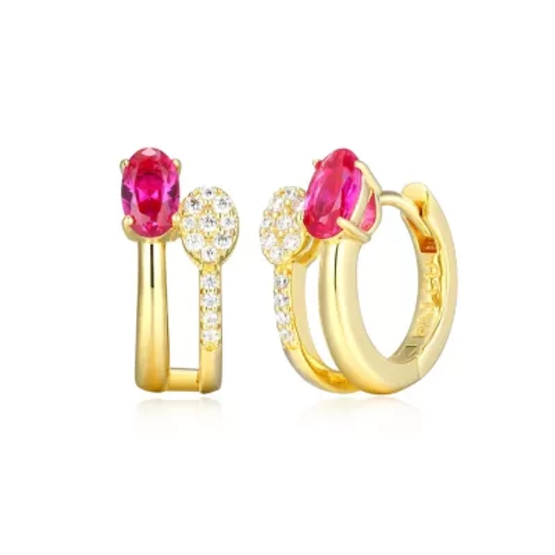18K Yellow Gold Plated Sterling Silver Women's Created Gemstone and 1/10 CTTW Lab Grown Diamonds Hoop Earrings