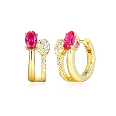 18K Yellow Gold Plated Sterling Silver Women's Created Gemstone and 1/10 CTTW Lab Grown Diamonds Hoop Earrings