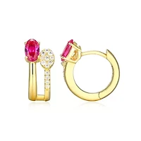 18K Yellow Gold Plated Sterling Silver Women's Created Gemstone and 1/10 CTTW Lab Grown Diamonds Hoop Earrings