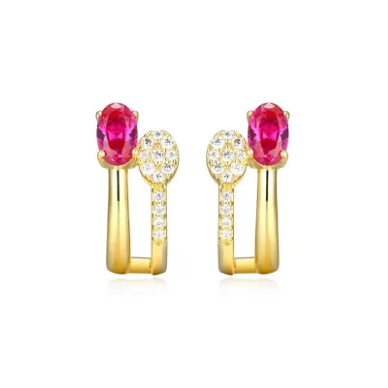 18K Yellow Gold Plated Sterling Silver Women's Created Gemstone and 1/10 CTTW Lab Grown Diamonds Hoop Earrings