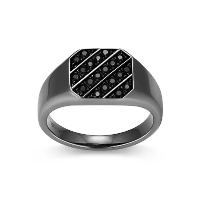 Gunmetal Plated Sterling Silver Men's Genuine Black Sapphire Inlay Ring