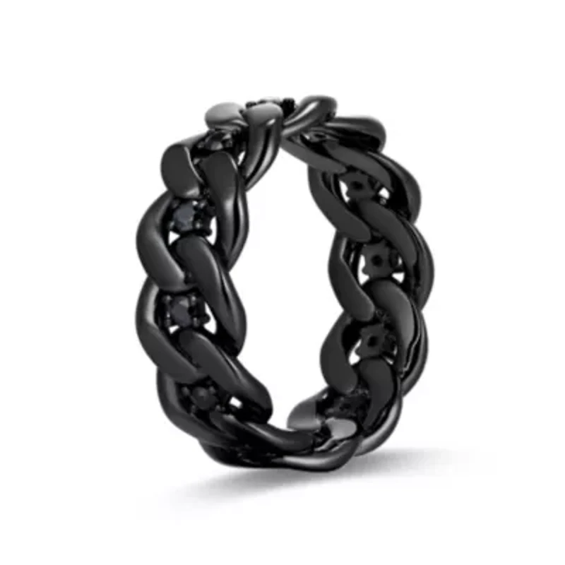 Gunmetal Plated Sterling Silver Men's Genuine Black Sapphire Link Style Ring