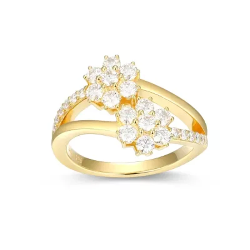 18K Yellow Gold or Rhodium Plated Sterling Silver Moissanite Double Flower Ring