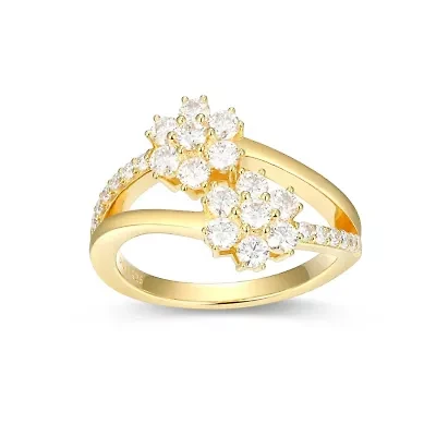 18K Yellow Gold or Rhodium Plated Sterling Silver Moissanite Double Flower Ring